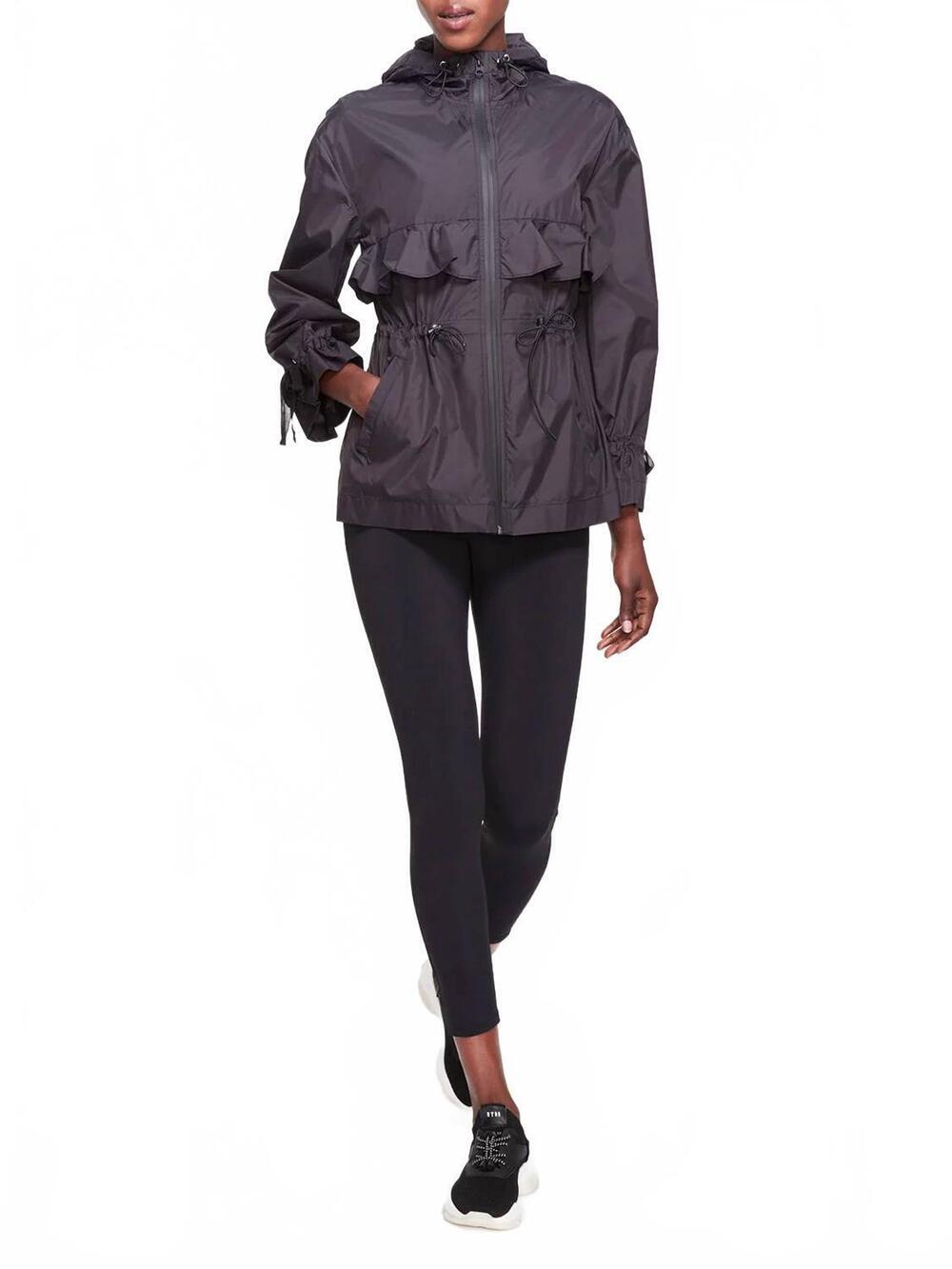 NEW MARCHESA ATHLEISURE mecoly hooded ruffle rain jacket in black